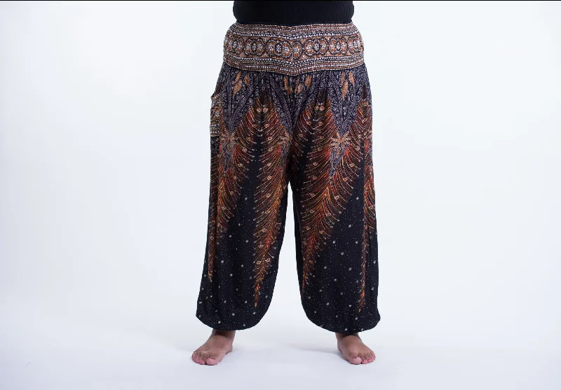 comfortable dresses for women on the go -Plus Size Peacock Feathers Unisex Harem Pants in Black