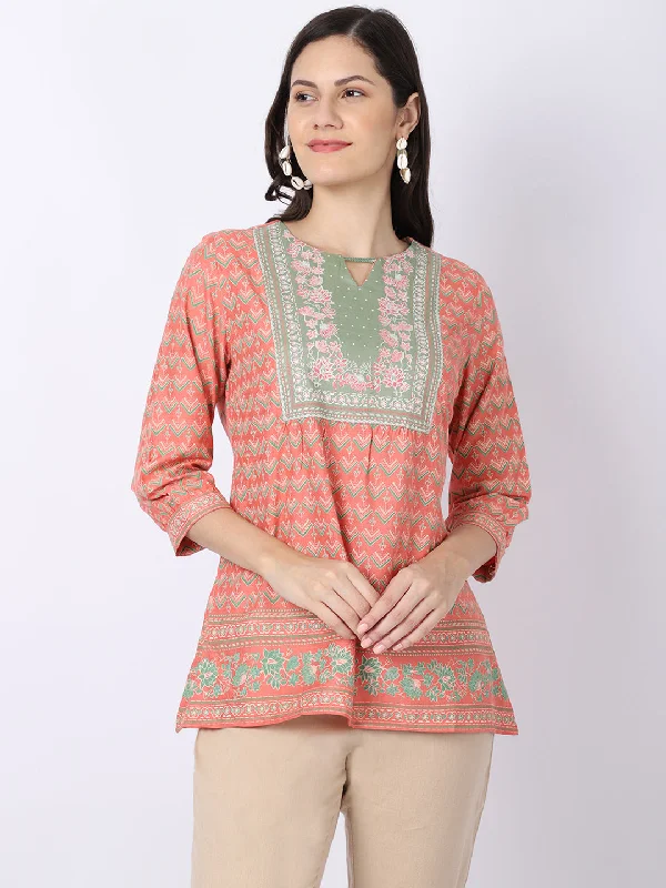 fashion-forward women’s blazers for work -Women's Casual  Coral Geometric print with Floral print border Round neck with keyhole Tunic