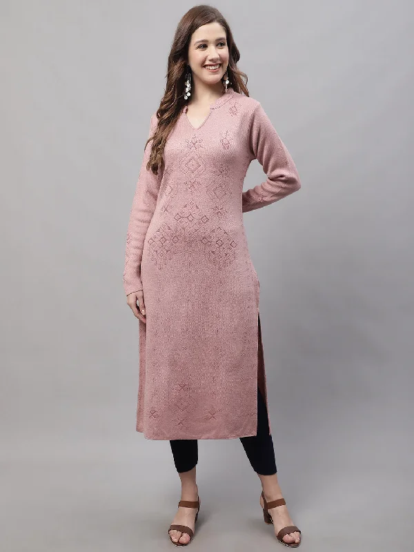 best women’s shoes for fall outfits -Women's Casual Mandarin Collar Pink All over Jacquard Calf length Knit Kurti