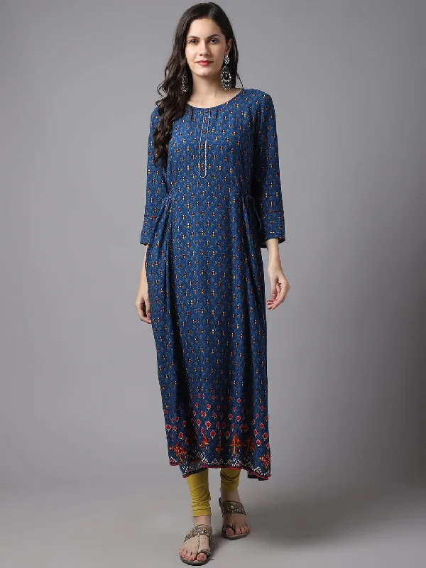 best women’s tops for casual outfits -Women's Casual Round neck Blue Printed Calf length Kurti