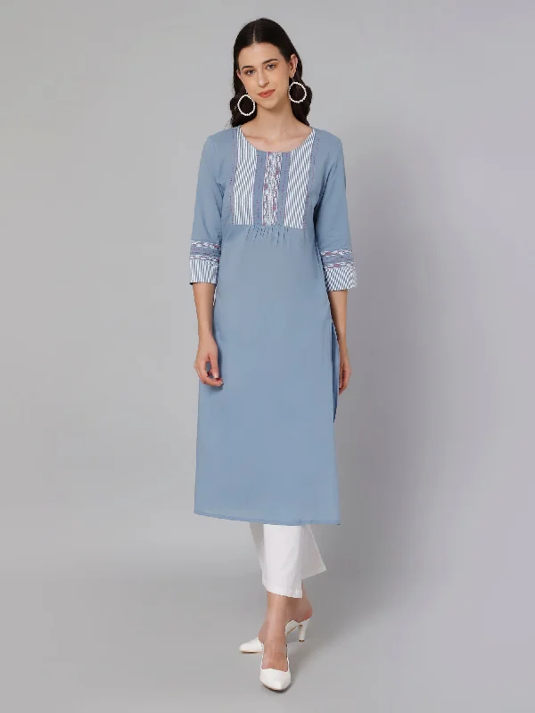 fashionable coats for women’s winter wear -Women's Casual Round neck Blueprint Embroidered Knee length Kurti