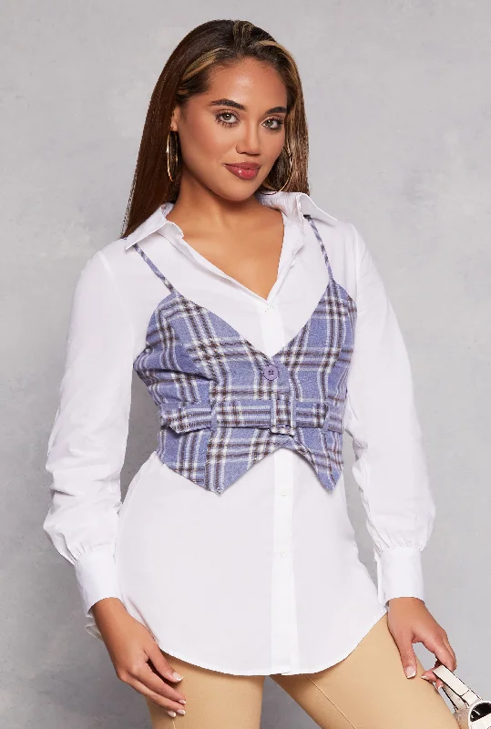 casual clothing for women’s weekend wardrobe -Haute Monde Long Sleeve Shirt with Plaid Vest