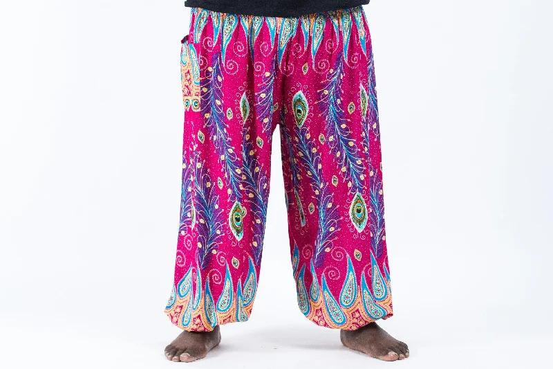 affordable plus-size clothing for women -Plus Size Peacock Paisley Unisex Harem Pants in Pink