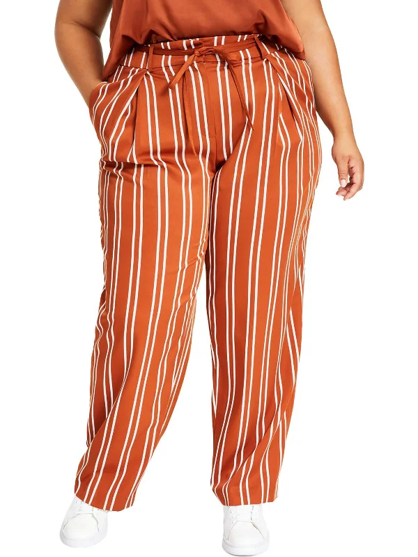 comfortable loungewear for women -Plus Womens Striped Tie Waste Wide Leg Pants