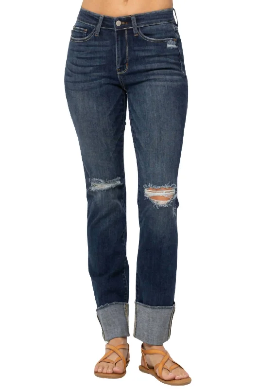 high-quality women’s jeans for everyday wear -Destroyed Cuffed Straight Leg Jeans In Blue