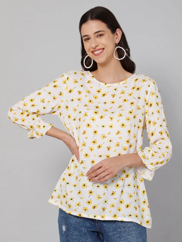 women’s elegant evening dresses online -Women's Casual  Yellow Floral Print Round neck Tunic