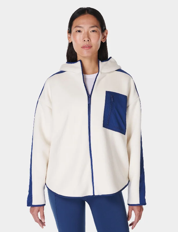 versatile women’s clothing for travel -Roam Borg Zip Up - Lily White/Flux Blue