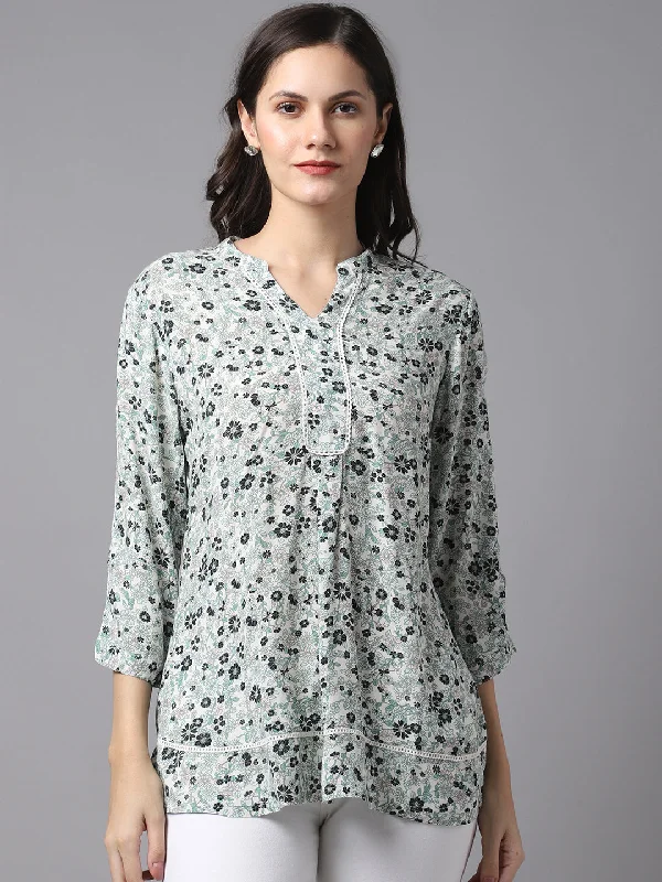 trendy women’s dresses for formal occasions -Women's Casual  Mintgreen Floral Print Mandarin Collar Tunic