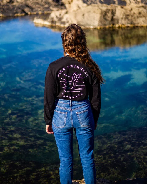 stylish women’s pants for professional wear -Wild Swimming Cornwall Unisex Black Long-Sleeved Tee