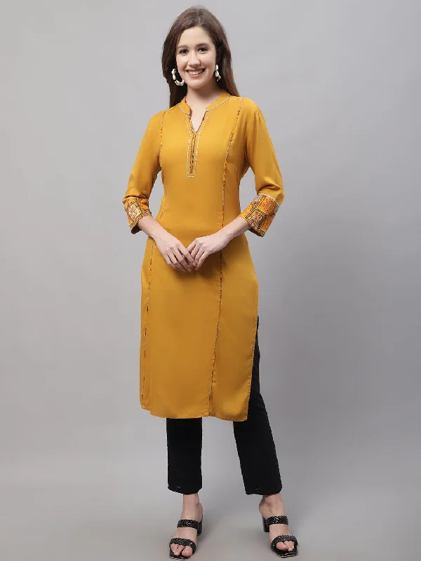 casual and chic women’s clothing sets -Women's  Band Collar Mustard Solid & Printed Calf length Kurti