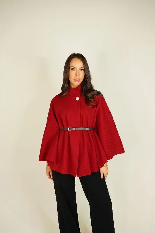 affordable women’s summer clothing -Leah Belted Cape Jacket In Burgundy