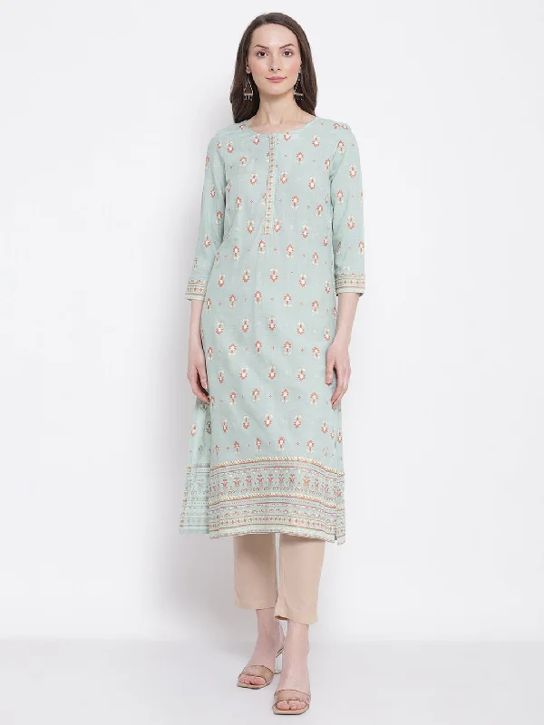 casual clothes for women’s weekend style -Women's Casual Round Neck Aqua All Over Printed with Border Calf Length Kurti