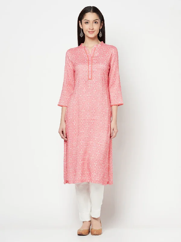 best women’s summer clothing outfits -Women's Casual Band Collar Pink Printed Calf Length Kurti