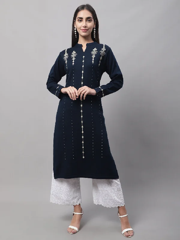 affordable women’s clothing online -Women's Casual Mandarin Collar Navy Blue Embroidered Knee length Knit Kurti