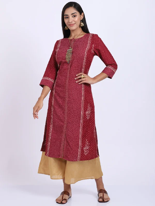 elegant women’s clothing for evening events -Women's Casual Round neck Maroon Printed Calf length Kurti