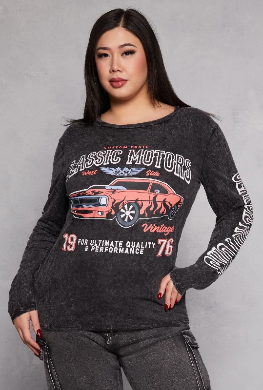 trendy blouses for women in 2025 -Plus Size Classic Motors Graphic Long Sleeve Tee