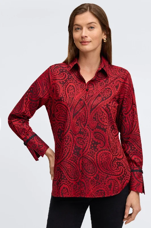 comfortable loungewear for women -Iris No Iron Red Paisley Jacquard Tunic