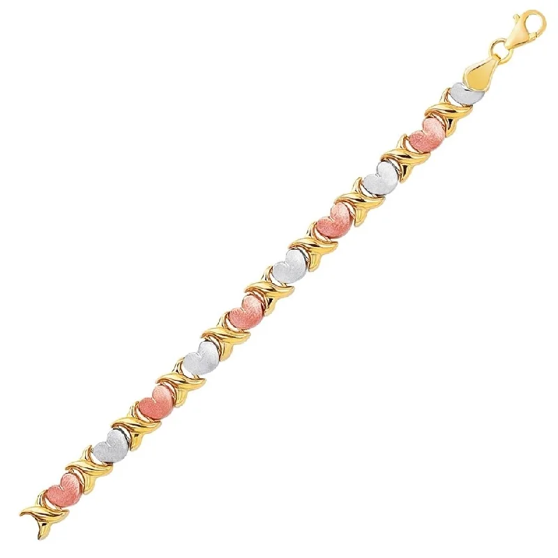 elegant jewelry for brides -14k Tri-Color Gold Fancy Satin Heart Line Bracelet