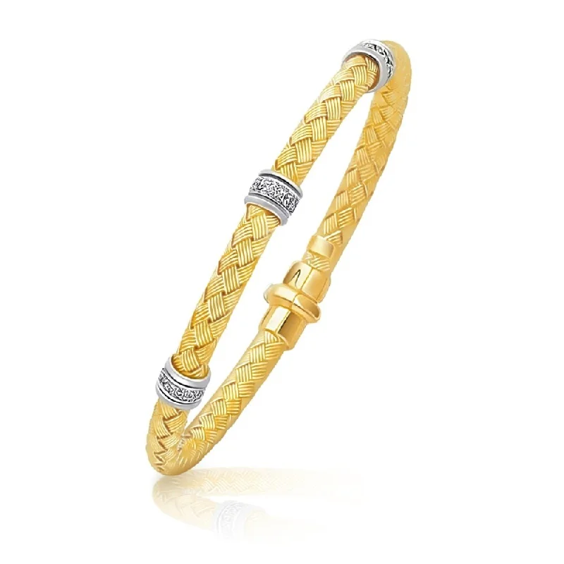 personalized jewelry for women’s gifts -14k Two-Tone Gold Rondelle Diamond Station Basket Weave Bracelet