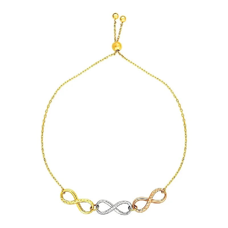 affordable jewelry for weddings -Adjustable Bracelet with Infinity Symbols in 14k Tri Color Gold