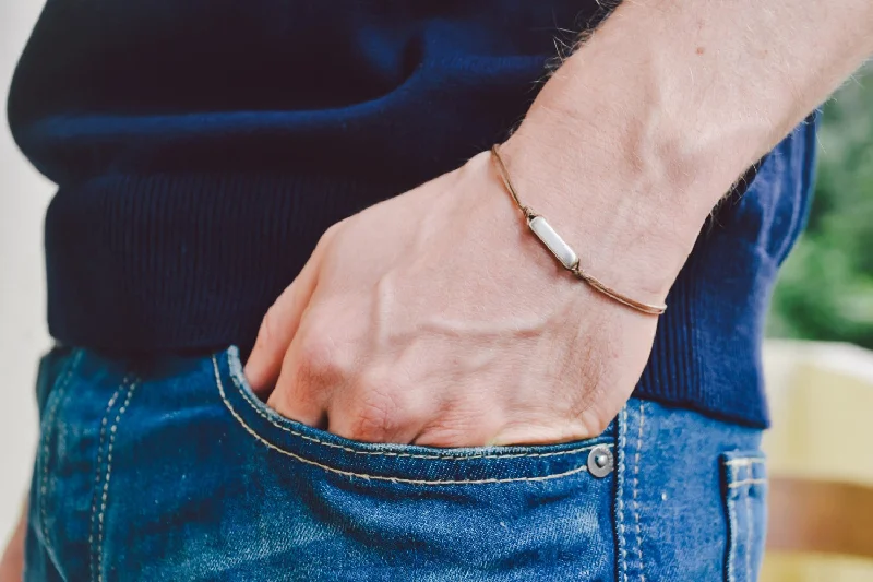 trendy gold earrings for casual wear -Men's bracelet with a silver rectangle bead, Brown cord