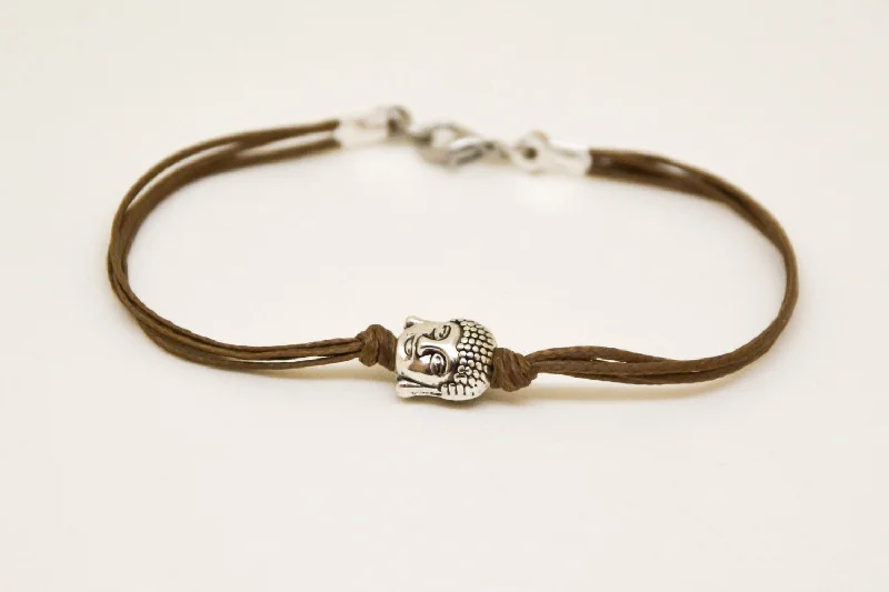 luxury necklaces for women’s evening wear -Men's bracelet with silver buddha charm, brown cord, yoga jewelry