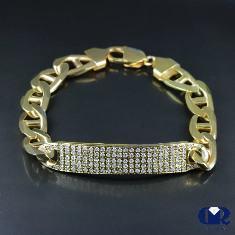 luxury wedding jewelry for women -Men's Diamond 14K Yellow Gold ID Bracelet Mariner Link 11 mm