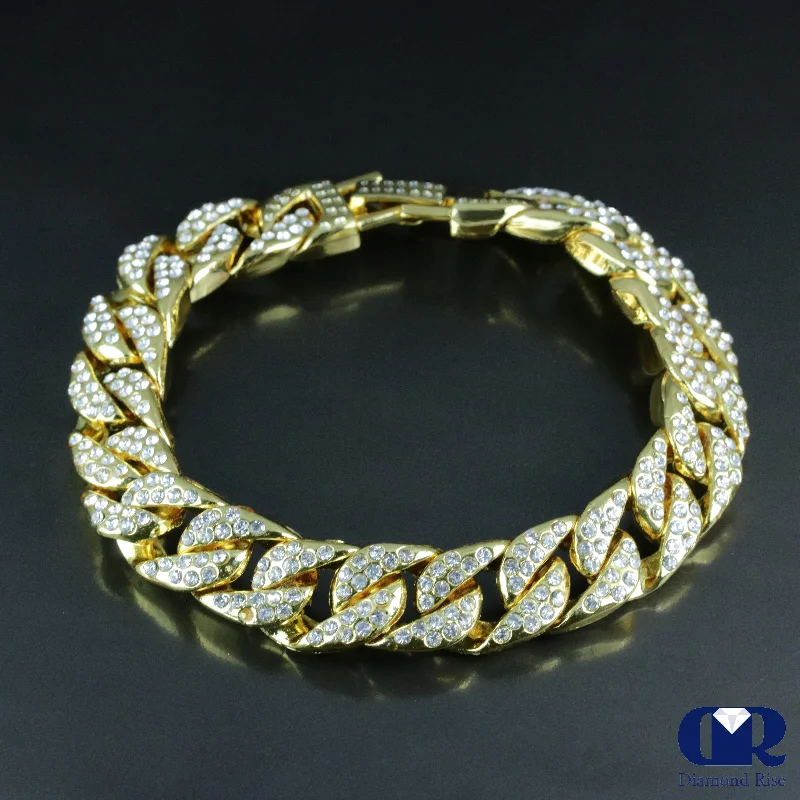 fashionable gold bangles for women -Men's Heavy 9" Double Row Diamond Cuban Chain Bracelet In 14K Gold 15mm