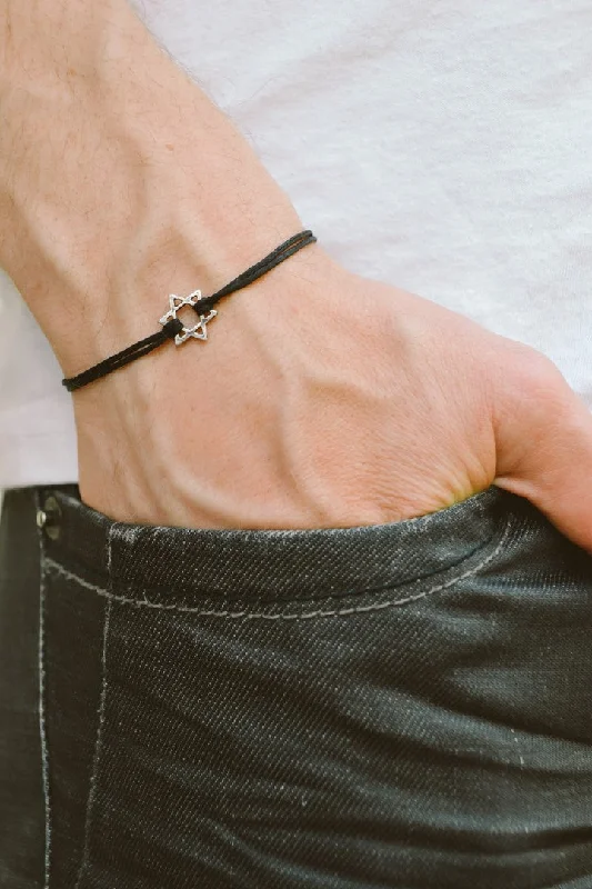 stylish gold earrings for women -Star of David men's bracelet, black cord, Jewish gift for him