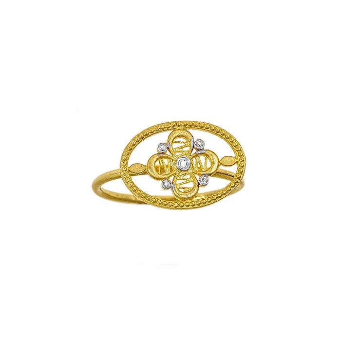 custom-made wedding rings for couples -Tanya Farah 18K Yellow Gold and Multi-Diamond Oval Four Petal Flower Ring