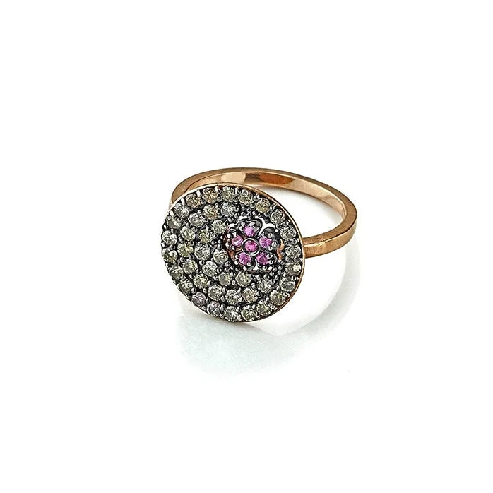 unique personalized jewelry for women -Tanya Farah 18K Yellow Gold Brown Diamond and  Ruby Flower Disc Ring