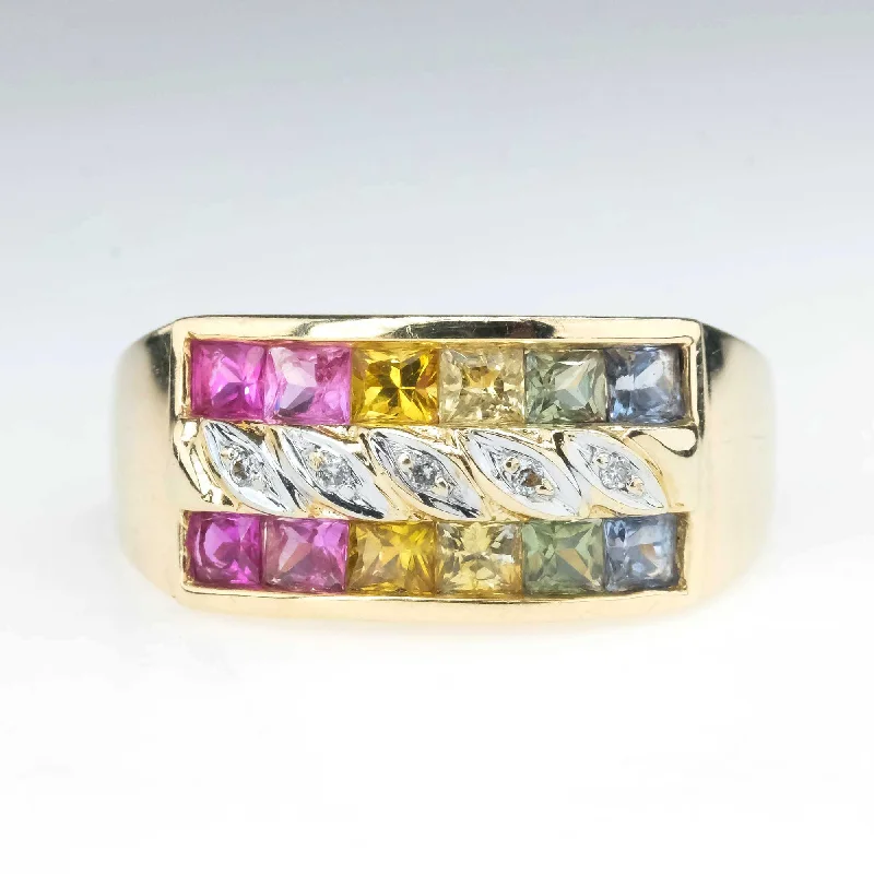 stylish charm necklaces for women -Multi Colored Sapphire & Diamond Wide Ring in 14K Yellow Gold