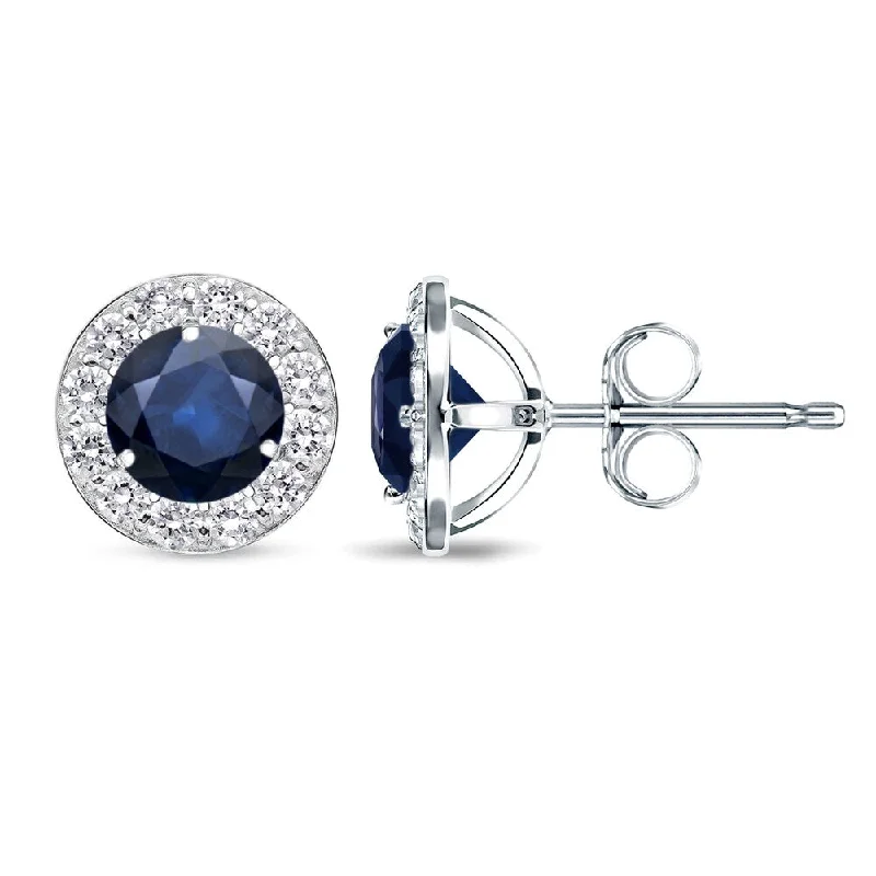 trendy gold jewelry for women -14k Gold Round 1ct Blue Sapphire and 1/2ct TDW Diamond Halo Stud Earrings by Auriya