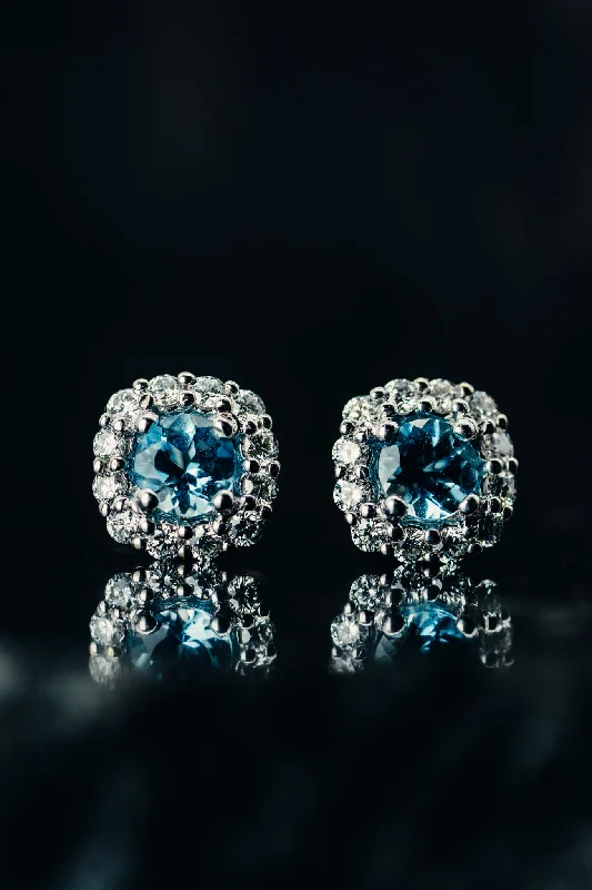 unique personalized jewelry for women -14k White Gold Aquamarine and Diamond Halo Earrings