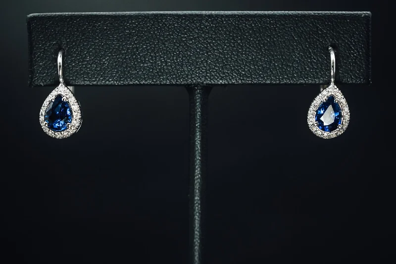 fashionable silver rings for women -14k White Gold Blue Sapphire and Diamond Halo Drop Earrings