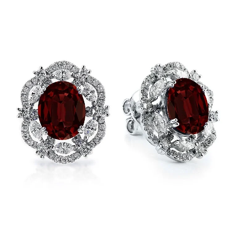 affordable pearl earrings for women -Auriya 5 5/8ct Fancy Oval-cut Garnet Halo Diamond Stud Earrings 1 3/4ctw 18k Gold