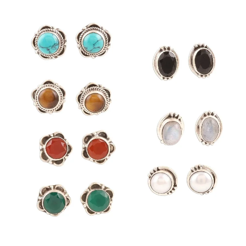 trendy bracelets for women’s fashion -NOVICA Everyday Pairs, Multi-gemstone stud earrings (set of 7)