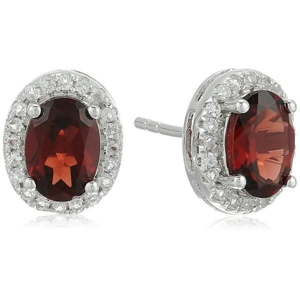 best wedding rings for women -Sterling Silver Oval Garnet, White Topaz Halo Stud Earrings - Red