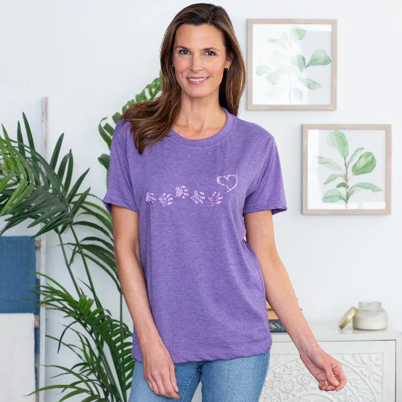 fashionable tops for women’s casual style -Embroidered Paw Prints & Heart Tee