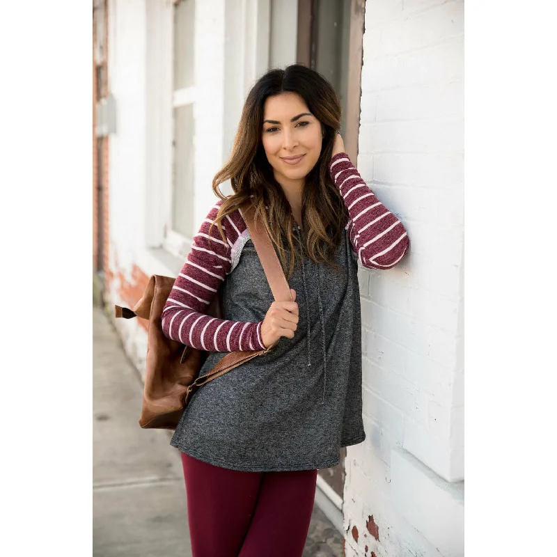 best women’s summer clothing outfits -Burgundy Striped Charcoal Hoodie