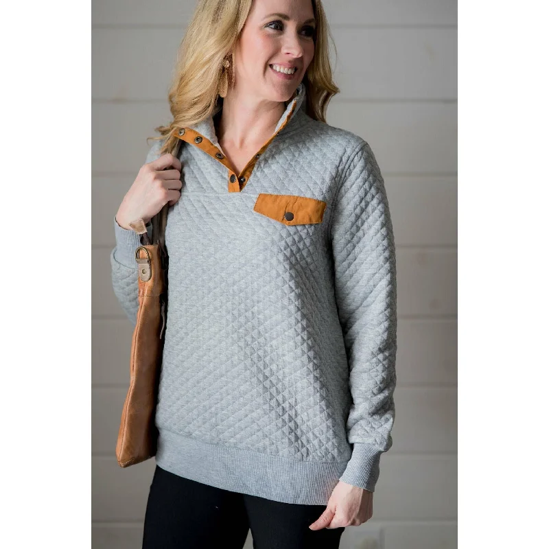 comfortable dresses for women on the go -Quilted Button Accent Pullover - Cognac