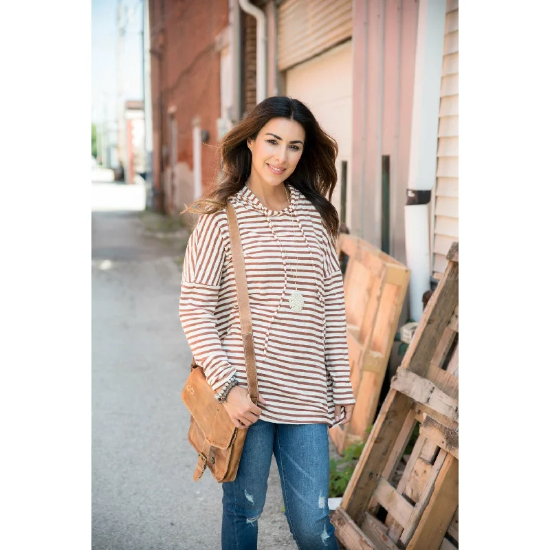 fashionable women’s jackets for winter -Rust Striped Relaxed Hoodie