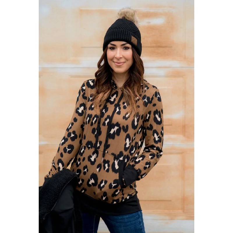 trendy blouses for women in 2025 -Solid Trim Leopard Print Hoodie