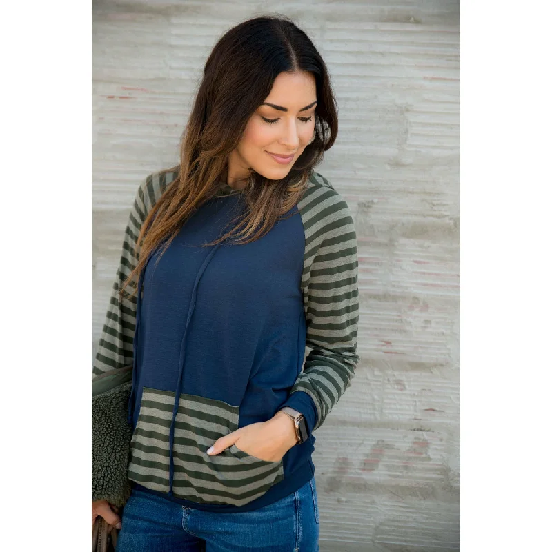 cozy women’s sweaters for cool weather -Striped Two Tone Sleeve/Pocket Hoodie