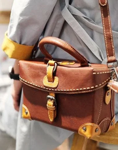 vintage bags for women’s fashion -Vintage Brown Womens Leather Satchel Handbag Purse Structured Doctor Handbag Shoulder Bag