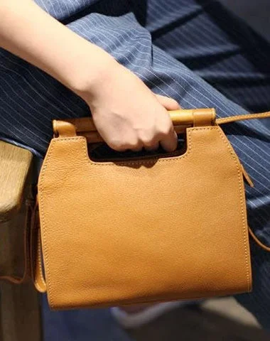 sporty women’s bags for the gym -Vintage Tan Leather Womens Wooden Top Handle Satchel Handbag Women's Satchel Shoulder Bag