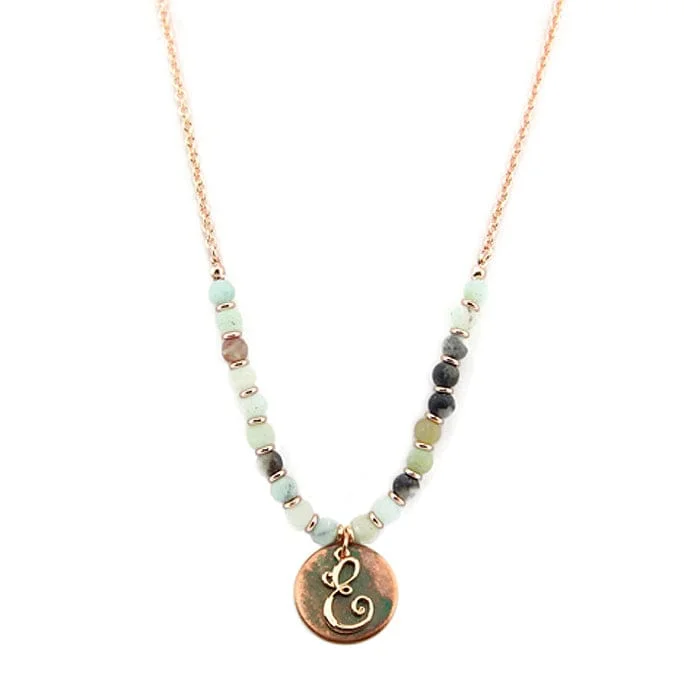 modern handbags for women’s casual style -AN1318-EAMT2   27" Rose Gold Tone & Patina 'E' Semi Precious Bead Necklace