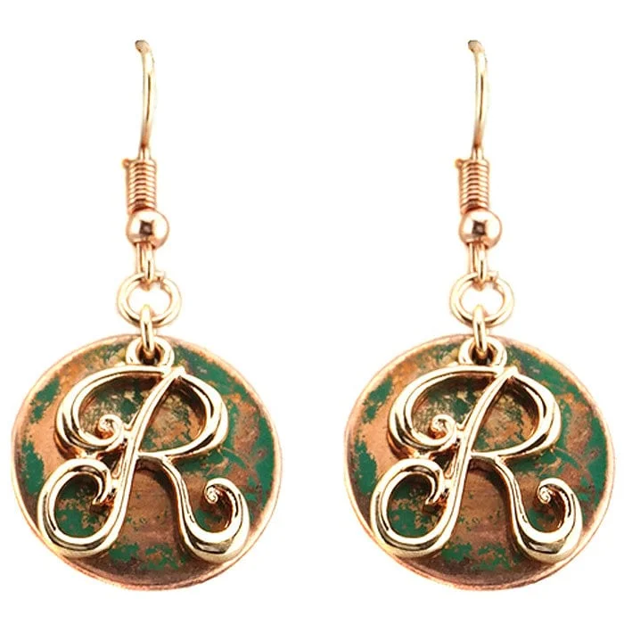 stylish women’s handbags for evening -AE1759-RTT2   Rose Gold Tone & Patina 'R' Monogram Initial Disk Earrings