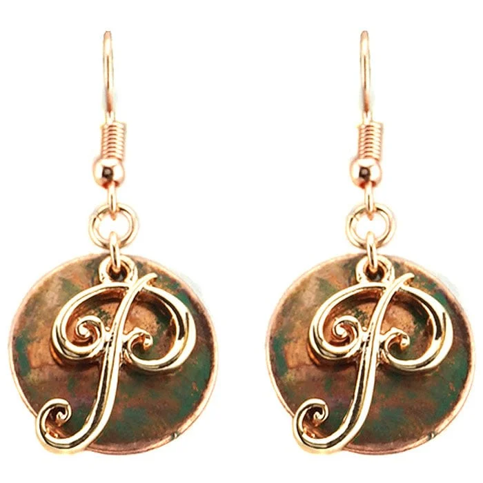 versatile handbags for women in 2025 -AE1759-PTT2   Rose Gold Tone & Patina 'P' Monogram Initial Disk Earrings