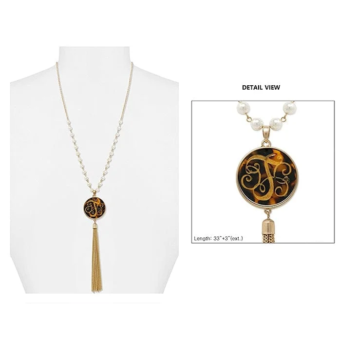 functional and fashionable bags for women -AN1866-TWG Pearl & Gold  Necklace Tortoise Initial "T" Pendent and Tassel